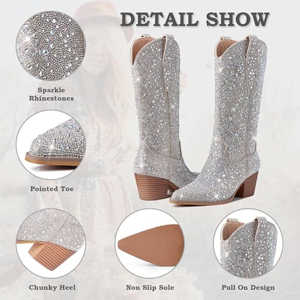 NWT Sparkling Bling Swarovski Crystal PINK Women Knee High Cowboy Boots … - Picture 2 of 9